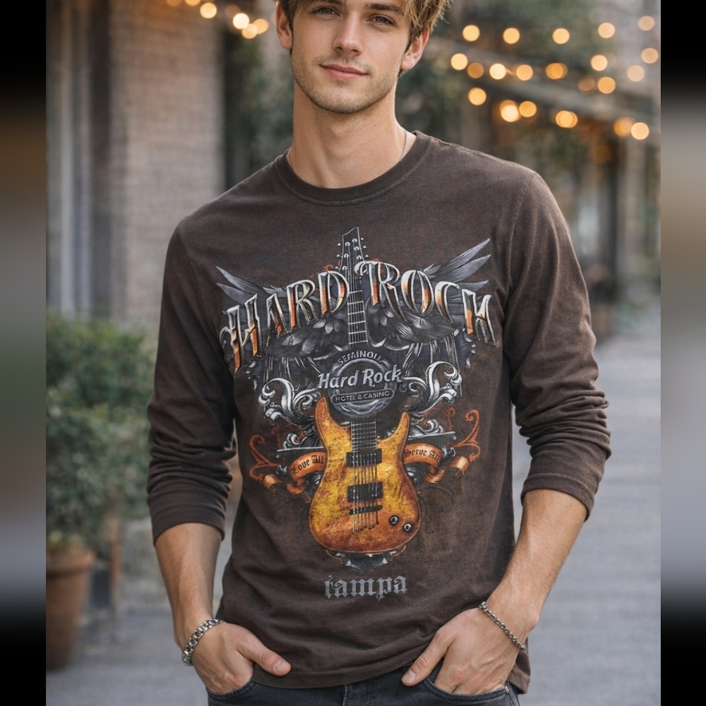 Hard Rock Cafe Dark Brown Guitar Graphic Long Sleeve Tee
